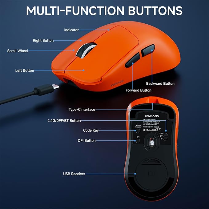 EWEAND X23 Pro Gaming Mouse, Tri-Mode 2.4G/USB-C/BT 5.4 Wireless Mouse, PAW3311 Sensor, 12000 DPI, 59g Lightweight, 1ms Response, Anti-Slip Grip Tape Included Computer Mouse for Laptop/PC/Mac-Orange