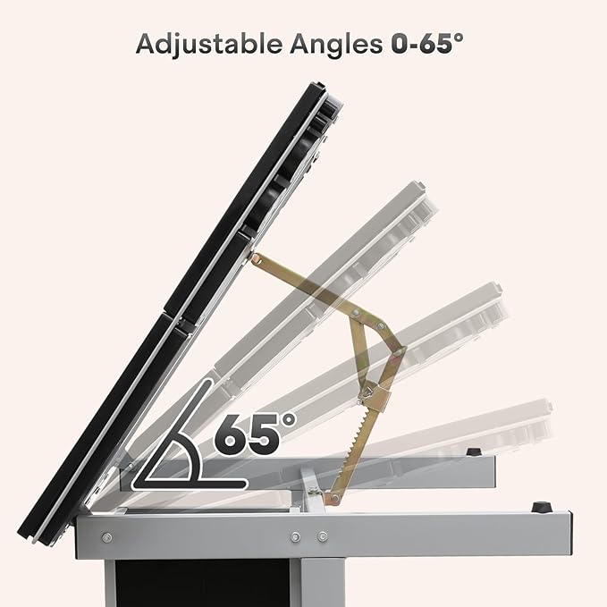 Drafting Table with Adjustable Tilt Angle Board, Drawing Table Tempered Glass Top, Art Desk with Metal Frame Craft Desk for Artist with Fabric Drawers, Rolling Casters and Trays