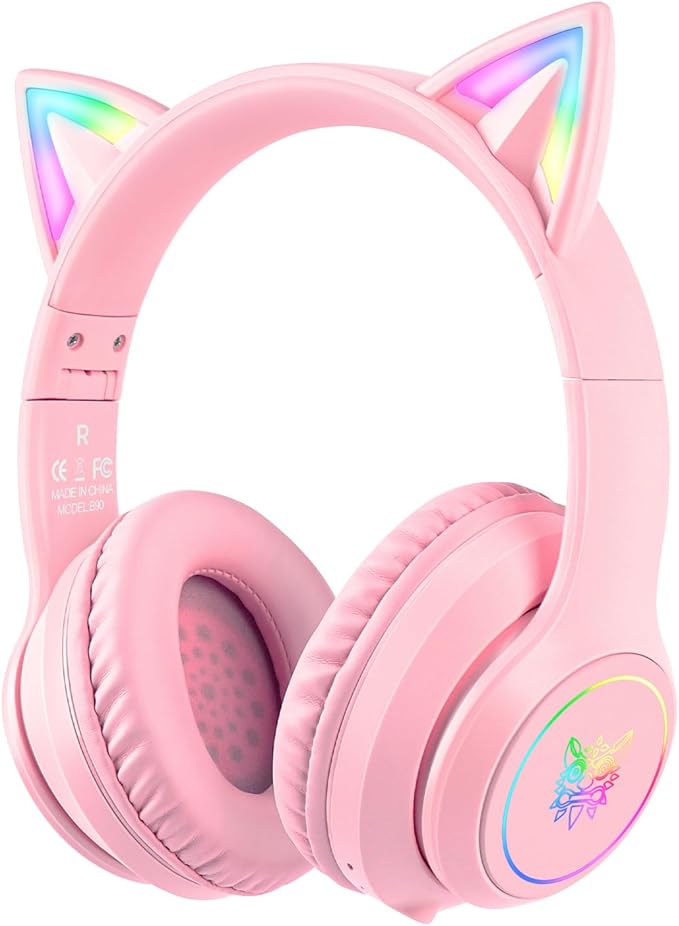 Pink Bluetooth Cat Ear Headphones for Kids & Adults, Wireless & Wired Mode Foldable Headset with Mic - Clear Sound Quality - RGB LED Light, for Girls School Gaming, for Phone/Laptop/PC/Tablet