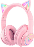 Pink Bluetooth Cat Ear Headphones for Kids & Adults, Wireless & Wired Mode Foldable Headset with Mic - Clear Sound Quality - RGB LED Light, for Girls School Gaming, for Phone/Laptop/PC/Tablet