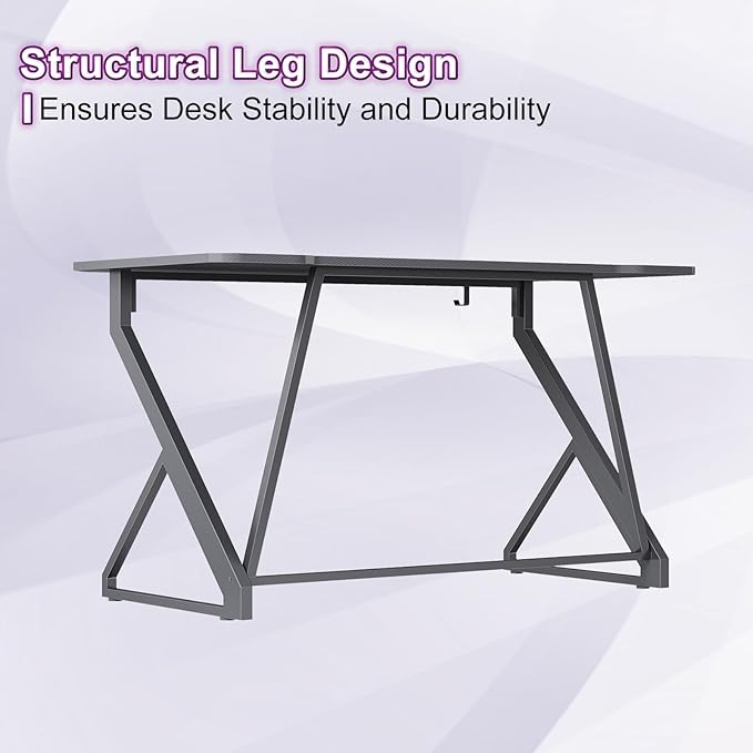 Grandder Gaming Desk Z Shaped 47 Inch Gamer Workstation, Home Computer Carbon Fiber Surface Gaming Desk PC Table with Headphone Hook, Carbon Fiber Grey