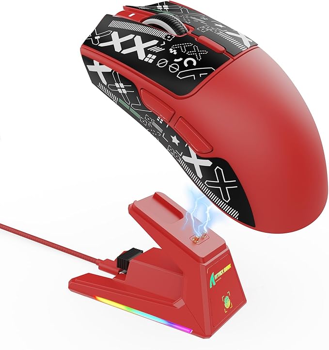 ATTACK SHARK X1 Ultralight Wireless Gaming Mouse with Magnetic RGB Charging Dock,Anti Slip Grip Tape,PixArt PAW3395 Pro Sensor,40000DPI,BT/2.4Ghz/Wired,Optical Micro Switch for PC Mac Gamer(Red)