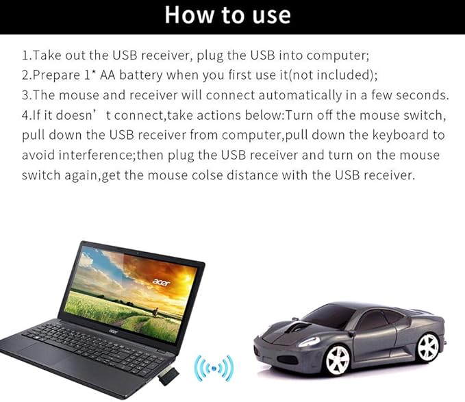 Jinfili Car Wireless Mouse Ergonomic Optical Mice USB 2.4G Mini Receiver for Windows Laptop Notebook Mac