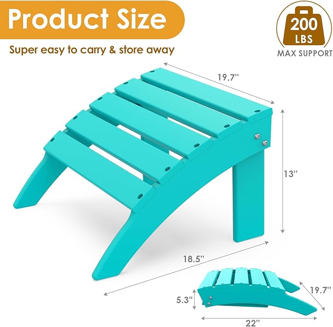 IVY&LANE Outdoor Adirondack Ottoman | Folding | HDPE | Aqua | All Weather | Waterproof Patio Footrest for Adirondack Chair | Poly Lumber Foot Rest for Deck Backyard
