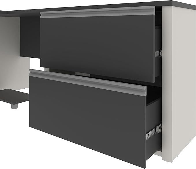 Atlin Designs Modern Wood U-Shape Home Office Desk Set, Slate Gray and White Finish, Commercial Grade with Pedestal, Ball-Bearing Slides, Grommets, 30.4"H x 71.1"W x 92.6"D, Functional Office Solution