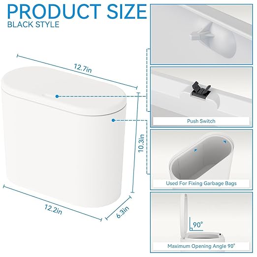 Yieach White 3.17 Gallon Slim Small Bathroom Trash Can with Lid,12L Plastic Thin Trashcans and Covered Wastebasket,Pet or Dog Proof Garbage Can for Bedroom,Rv,Dorm,Office and Lidded Bathroom Trashcan