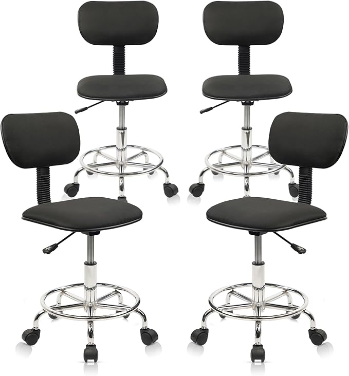 KLASIKA Low Wide Rolling Swivel Stool with Backrest, Adjustable Height Salon Chair Stools with Footrest for Spa Tattoo Office Desk Massage Task Lash Barber Facial, Black 4PK