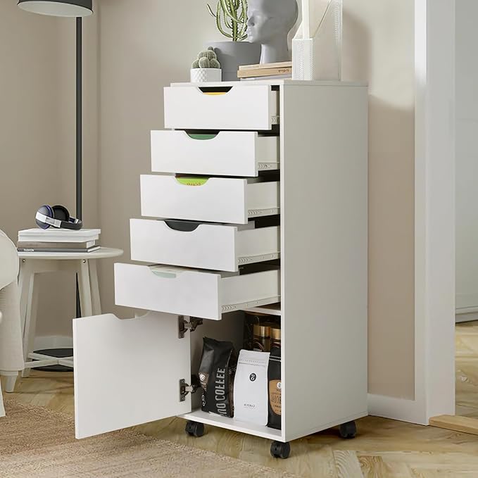 TUSY Mobile File Cabinet, 5-Drawer Storage Cabinet, Vertical Rolling Storage Organizer Chest with Wheels & Anti-Tip Kit, for Home Office, Craft Room, Bedroom, White