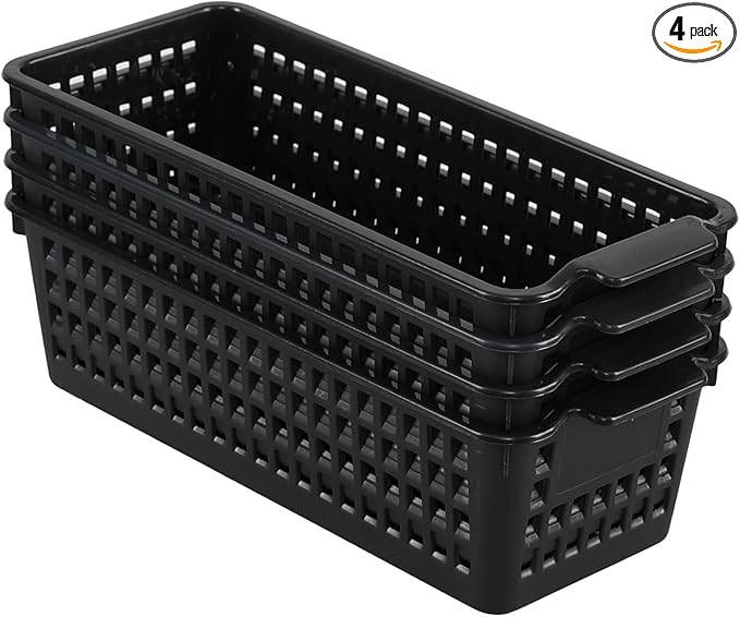 Anbers Black Narrow Storage Baskets for Multi-use, Small Plastic Organizer Baskets, 4 Pack