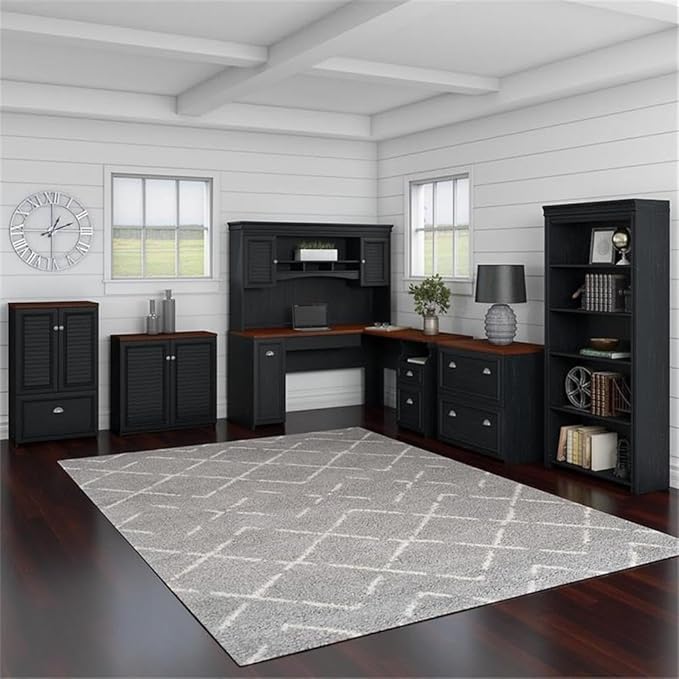 Bush Home Fairview 60W L Shaped Desk with Hutch, Bookcase, Storage and File Cabinets in Antique Black and Hansen Cherry
