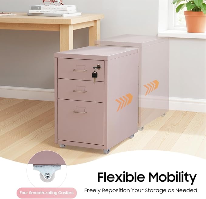 Vertical File Cabinet, 3-Drawer Metal Mobile File Cabinet with Lock, 11 * 16 * 18.3In Filing Cabinet Under Desk with Tag Jacks for Home Office (Pink)
