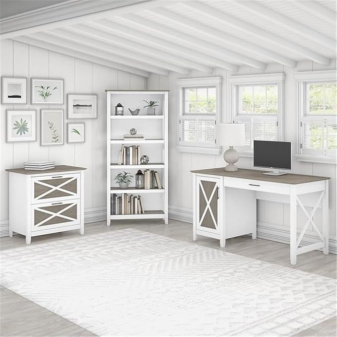 Pemberly Row Office Furniture Set, Engineered Wood Desk w/File Cabinet & 5 Shelf Bookcase, White/Gray Finish, 54W Desk, 31.73W Bookcase, Farmhouse Style Workspace Solution