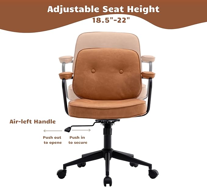 HEAH-YO Modern Armless Desk Chairs Set of 1, Swivel Computer Task Chair with Wheels and Armrests, PU Leather Adjustable Office Chair with Backrest for Home Base, Light Brown