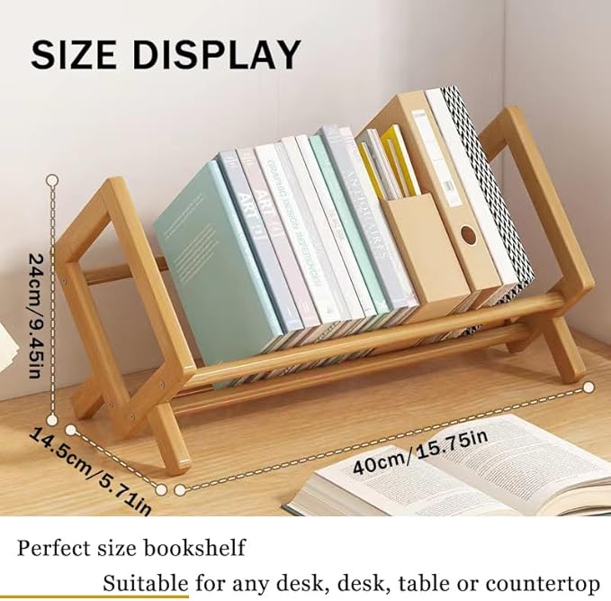 Wood Tilting Bookcase in Living Room/Home/Office, Desktop Book Shelf Organizer Bookshelves Storage Rack for CDs/Magazine/Books Display (Yellow, 16"-L)