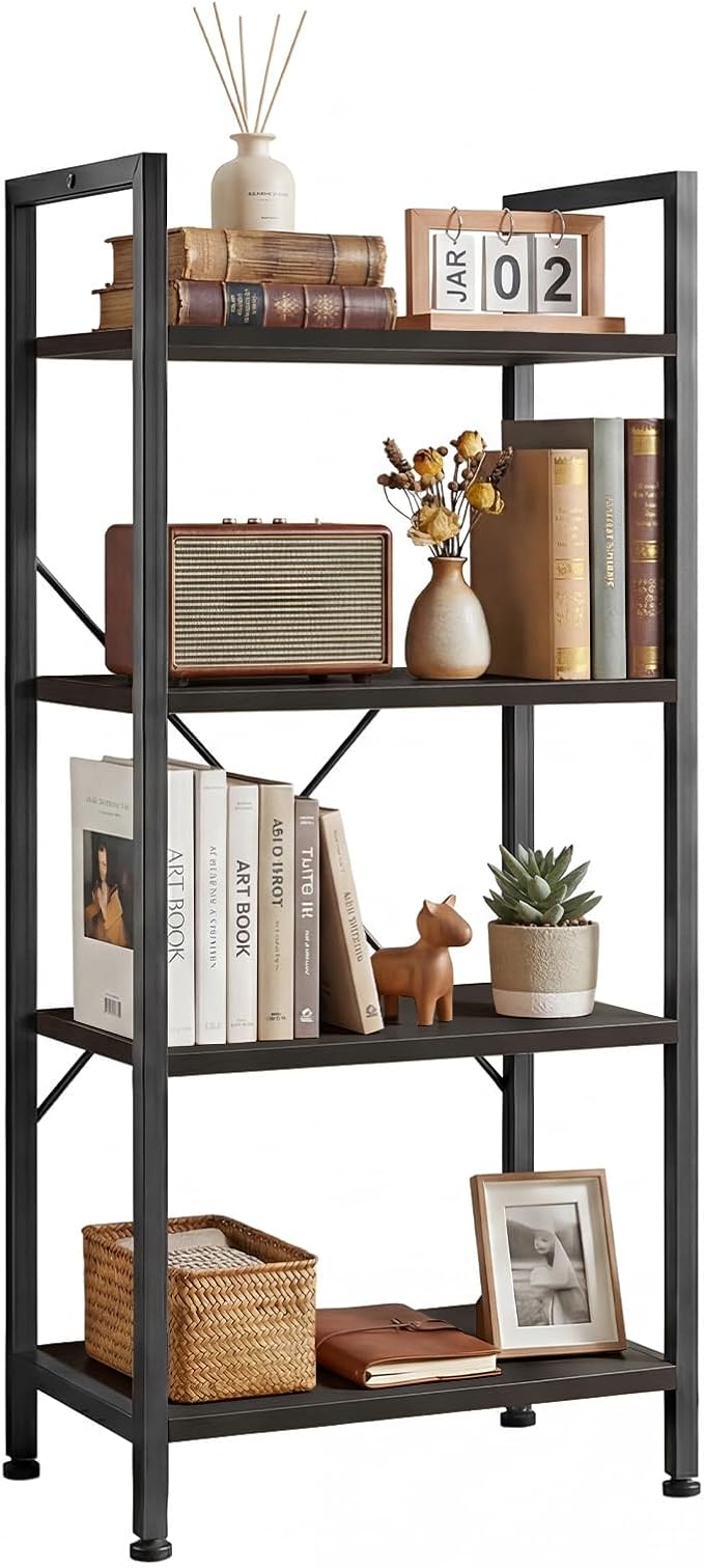 4 Tier Bookshelf, Free Standing Wooden Bookcase with Open Storage Shelves with Metal Frame, Sturdy Shelf Organization Display Rack for Living Room, Bedroom, Home Office, 39.4" Tall, Black