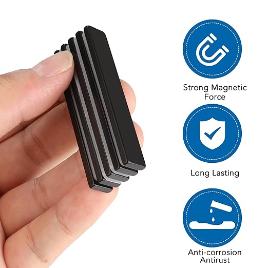 TRYMAG Neodymium Magnet, 50 Pack Strong Bar Magnets with Double-Sided Adhesive, Heavy Duty Metal Magnet Bar, Black Epoxy Coating Earth Magnets for Shower Door, Garage, Science, DIY - 60 x 10 x 3 mm