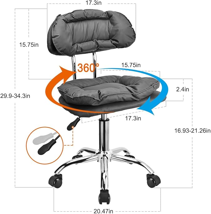 JOSTZHXIN Rolling Stool Backrest, Thick Seat Padding, Heavy Duty Home Office Rolling Chair, Adjustable Height Swivel Stool Chair for Nail Salon Spa Massage Tattoo Work,Dark Grey