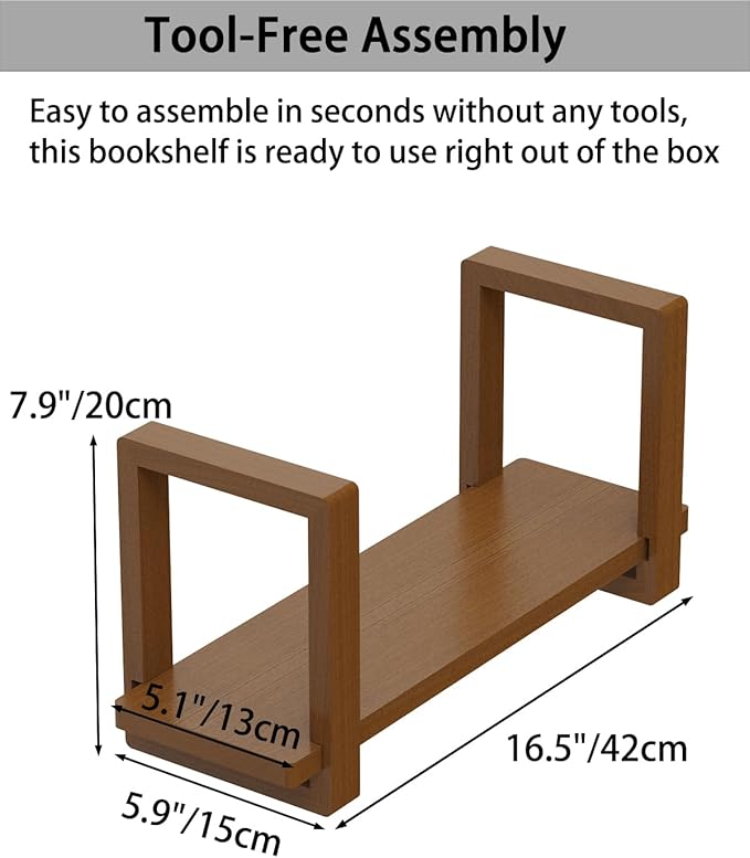 100% Solid Wood Adjustable Desktop Bookshelf, Retro Tabletop Bookshelf, Desk Shelf for Living Room, Home, Office, Perfect for Magazine, Books, Cookbooks, No Tools Required to Assemble (Walnut Brown)