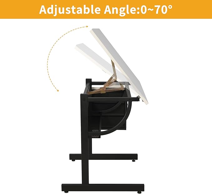 Drafting Table with Storage, Adjustable Art Desk & Art Table with Stool, 0-75° Tilting Top, 3 Drawers for Diamond Painting, Architecture, Animation, Office (Adults & Teens) (White)
