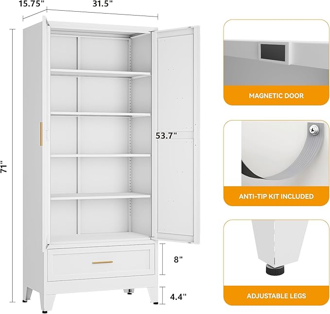 Washsemba 71 "Farmhouse Metal Filing Cabinet with a Drawer and 4 Adjustable Shelves, with 2 Large barn Door White Kitchen Cabinets, Metal Food Cabinets for Home, Kitchen, Dining/Living Room (White)