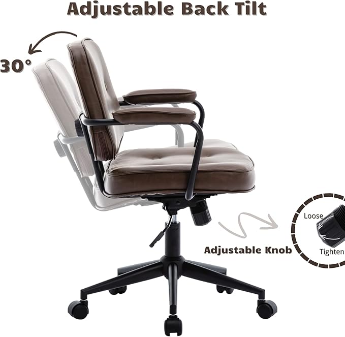 HEAH-YO Modern Armless Desk Chairs Set of 1, Swivel Computer Task Chair with Wheels and Armrests, Adjustable Office Chair with Backrest for Home Base, PU Brown