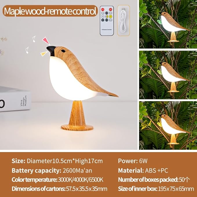 Remote controlled bird desk lamp with wood grain color, rechargeable small desk lamp with 3 color temperatures, remote control and touch sensor, capable of playing bird calls, built-in battery drive