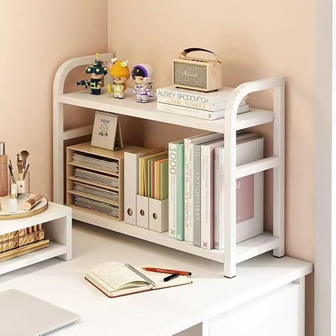 Hbluefat Desktop Organizer Shelf, 2-Tier Adjustable Desk Bookshelf, Tabletop Small Wood Bookcase, Multipurpose Display Storage Rack for Home Office (White+White)