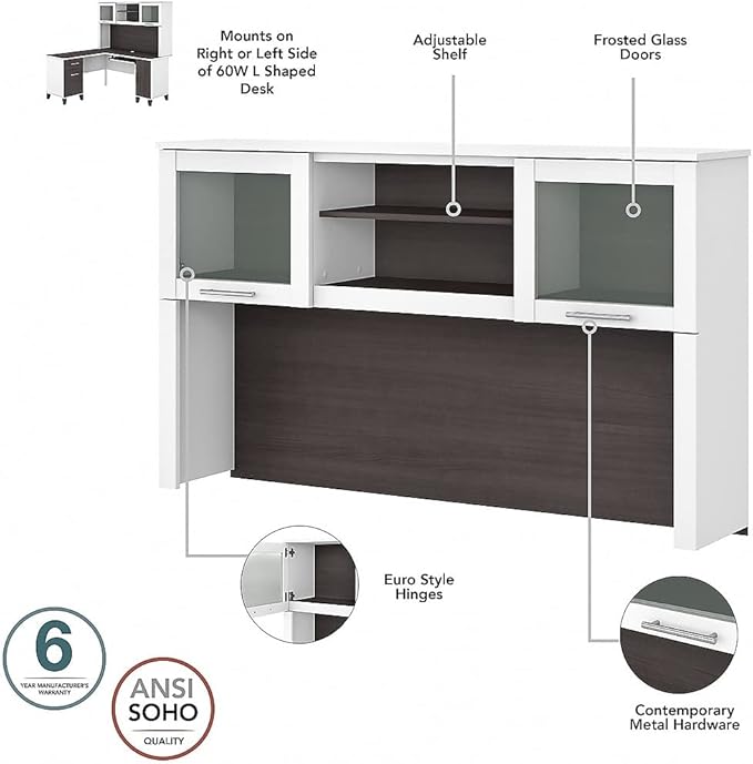 Bush Home Somerset 60W L Shaped Desk with Hutch and 5 Shelf Bookcase in White and Storm Gray
