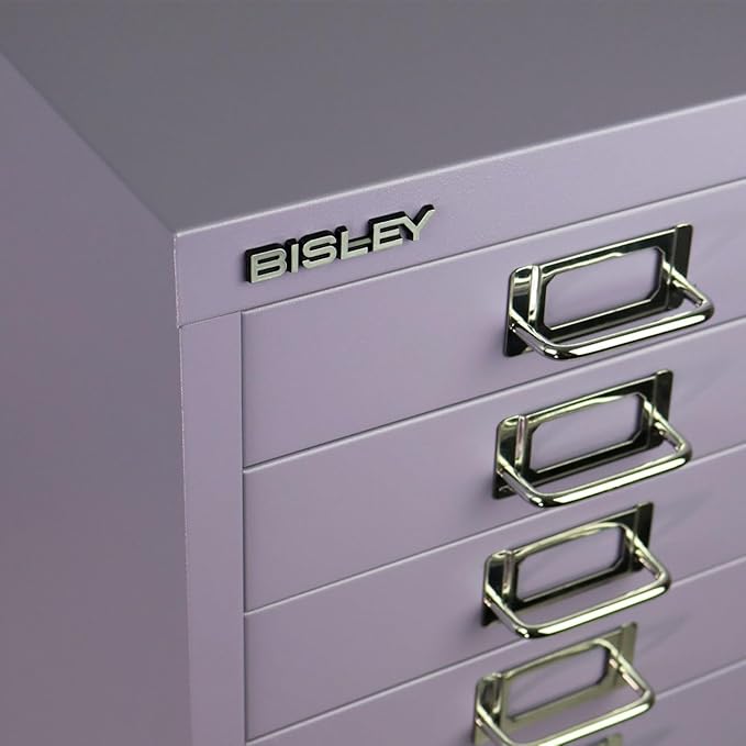 Bisley 10-Drawer Steel MultiDrawer Cabinet - Lilac, Chrome Pull Handles with Label Holders, Powder-Coated Steel, Removable Drawers, Fits Under Most Desks, Labels Included