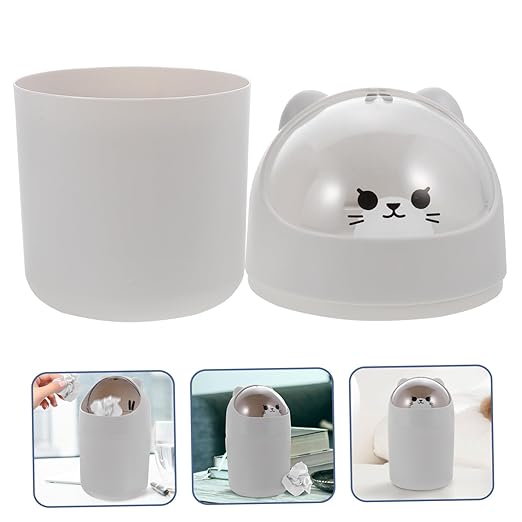 Healifty Cute Bear Desktop Trash Can Lid Mini Plastic Garbage Bin for Office and Bedroom Slim Waste Container for Table Cartoon Themed Small Trash Can