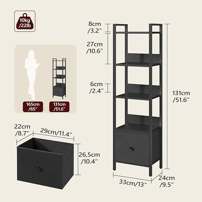 MAHANCRIS Bookshelf, 5-Tier Bookcase with Drawer, Small Book Shelf for Small Space, Storage Shelf Organizer, for Living Room, Bedroom, Study, Kitchen, Black BKHB55101
