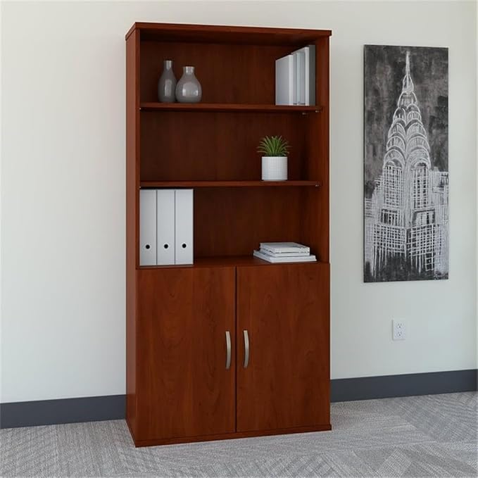 Pemberly Row Set of 2 5-Shelf Bookcase with Doors & L-Shaped Desk with Drawers