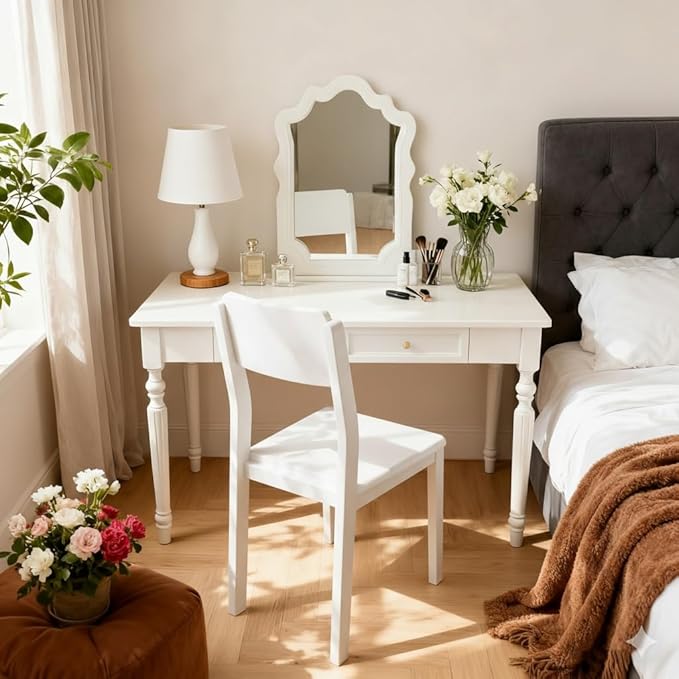 47.2in Country Desk and Chair Set, Home Office Computer Desk with Ergonomic Office Chair, Wooden White Writing Desk Study Table, for Bedroom, Office or Student Workstation(47.2'' x 23.6'' x 29.5'')