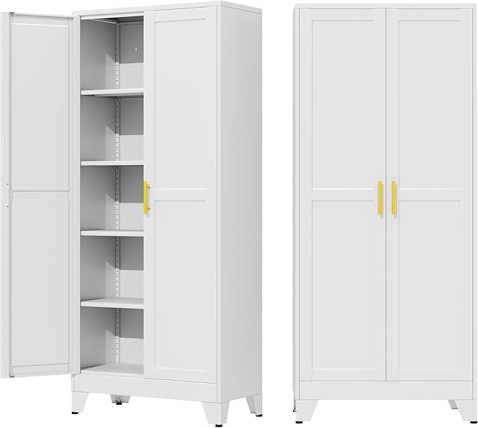 71" Metal Storage Cabinet with Adjustable Leveling Foot,Garage Storage Cabinets with 2 Doors and 4 Adjustable Shelves, Black Steel Cabinet for Office,Home,Garage(White)