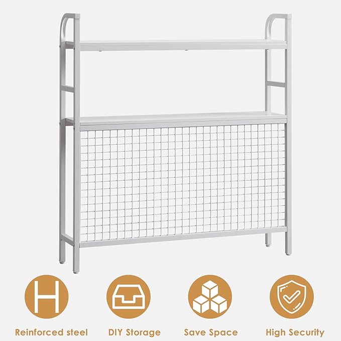 Desktop Hutch Shelf Organizer, 2-Tier Metal & MDF Desk Bookshelf with Grid Panel and Hooks for Office & Dorm (White, 36.8")