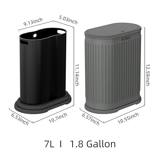 KSSKSS 1.8 Gallons Small Stainless Steel Trash Can with Press Type Lid, Slim Bathroom Garbage Bin, Removable Liner Bucket, Dog Proof Narrow Wastebasket with Pop-Up Lid for Bedroom,Toilet (Gray)