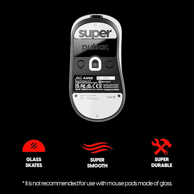 Superglide Glass Mouse Skates - Consistent Controllable Glide, Polished Round Edge, Super Balanced Gaming Mouse Feet with Durable Sole for Pulsar JV-X Pro Series (Type-C, White)