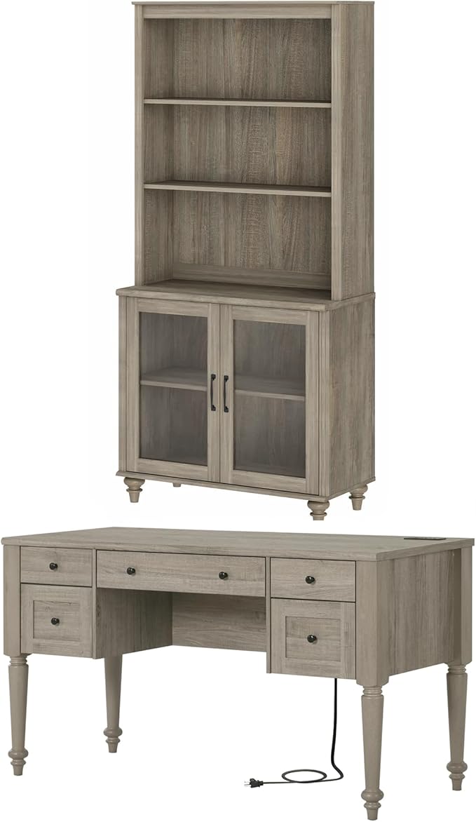 WAMPAT Home Office Furniture Set, 56'' Executive Desk with Charging Station, 72" Tall Bookcase with 2 Glass Doors, Wood Computer Desk with File Cabinet Storage, Open Shelf, Wash Grey