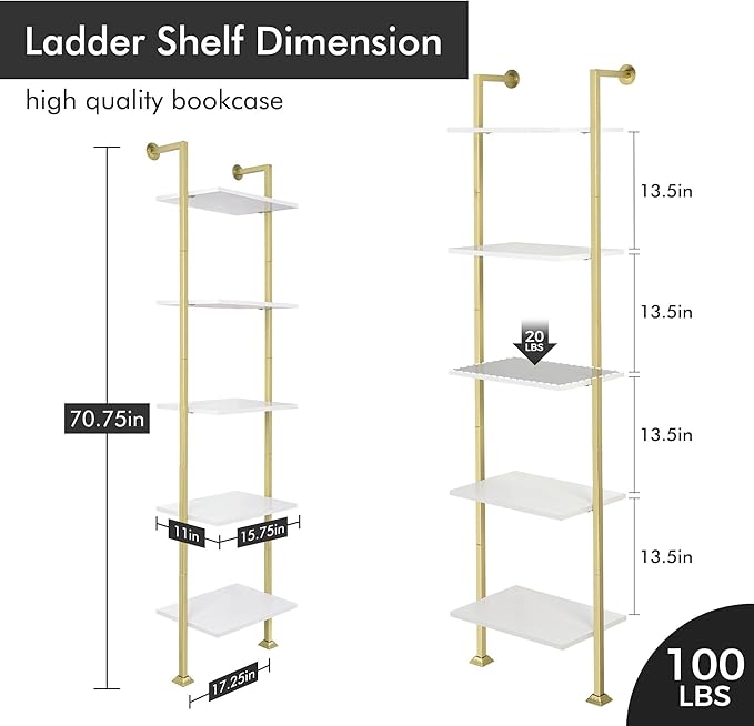 Axeman 5-Tier Ladder Bookcase, Tall Narrow Bookshelf for Small Spaces, Modern Book Storage Organizer Case Open Shelves for Living Room, Bedroom，Office, Library, Gold and White