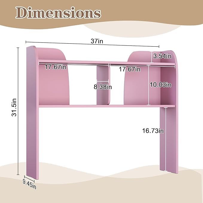 Wooden Desktop Bookshelf 37”,3-Tier Rounded-Edge Desk Storage Organizer,Space-Saving Countertop Shelf for Office Dorm Home,Pink