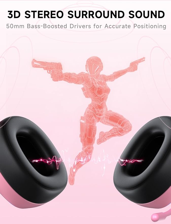 Gvyugke 2.4GHz Wireless Gaming Headsets for PS5, PS4, PC, Switch - Bluetooth 5.3 Gaming Headphones with Noise Canceling Mic, 7.1 Surround Sound, 70H Battery, Blue Lighting - Blush Pink
