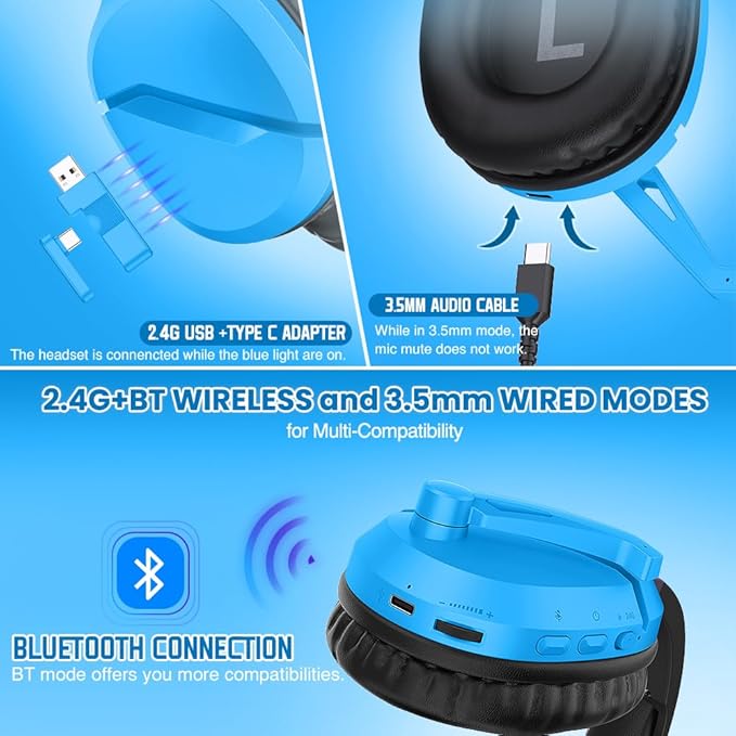 WolfLawS Wireless Gaming Headset with Noise Canceling Microphone for PS5, PC, PS4, 2.4G/Bluetooth Gaming Headphones with USB and Type-c Connector, Wired Mode for Controller - Blue