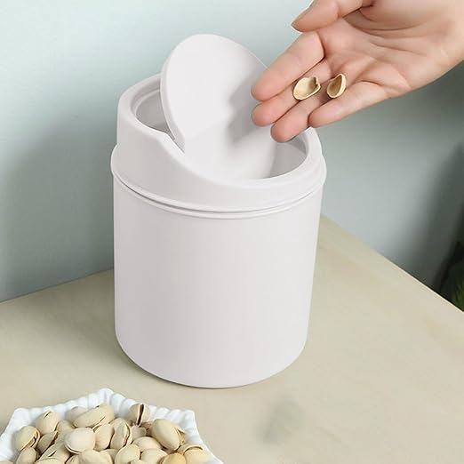 Mini Desktop Trash Can with Lid - 6.3'' Swing-Lid Plastic Garbage Bin for Desk, Countertop & Kitchen, Tiny Creative Waste Basket for Living Room & Office Organization (White)