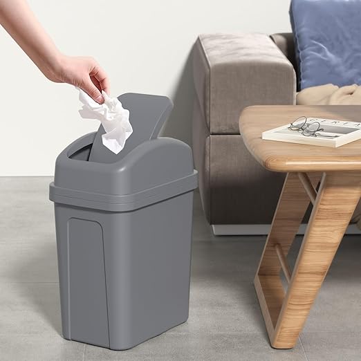1.8 Gallon Plastic Swing Top Lid Trash Can, Small Waste Bin with Swing Lid, Grey