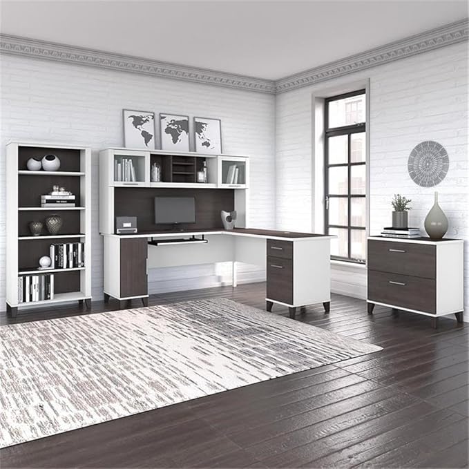 Pemberly Row 72W L Desk with Hutch, Storage, Lateral File Cabinet & Bookcase Set, Engineered Wood, White/Gray Finish, Modern Office Furniture for Home or Small Workspace, ANSI/SOHO Certified