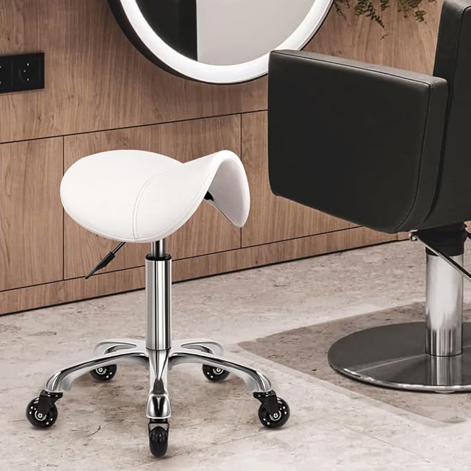 WKWKER Heavy Duty Saddle Rolling Stool with Wheels Hydraulic Swivel Adjustable Rolling Chair Ergonomic Thick Leather Seat Stool Chair for Kitchen Drafting Lab Office Salon Massage Chair – White