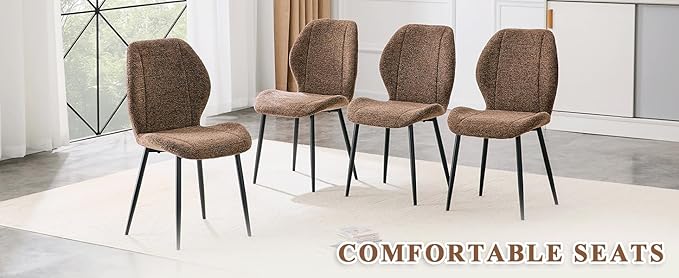 4 sets of retro and minimalist brown fabric dining chairs with spacious and comfortable cushions.Black metal legs and adjustable feet, suitable for dining room, study & office ,etc. Precise dimensio