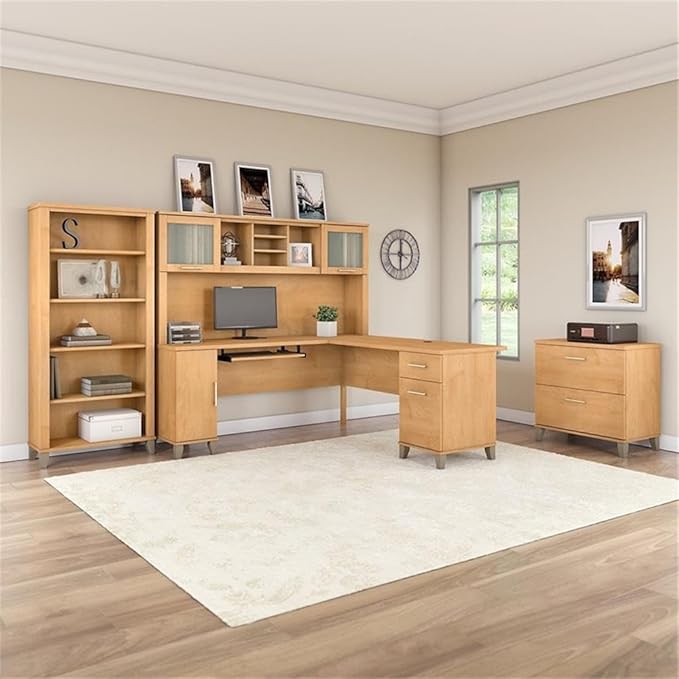 Scranton & Co Somerset 72W L Shaped Desk Office Suite, Maple Cross Finish, Includes Hutch, Lateral File Cabinet, 5 Shelf Bookcase, Transitional Style Home or Small Office Furniture Set