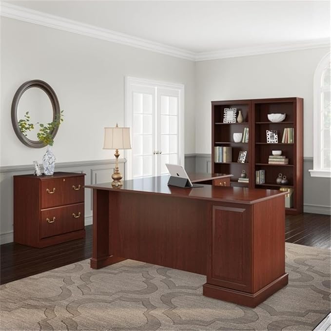 Pemberly Row L Shaped Office Desk Set, Engineered Wood, Harvest Cherry Finish, Includes 66W Desk with Drawers, 2 Five-Shelf Bookcases, 2-Drawer Lateral File Cabinet, Traditional Home Office Furniture