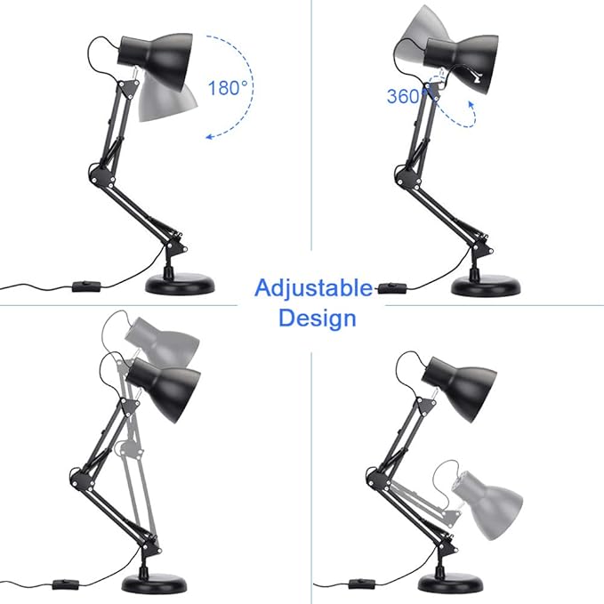 ShellKingdom Architect Task Lamp，Adjustable Swing Arm Desk Lamp with Clamp，Classic Desk Lamp for Home Office Reading (Black-USB)